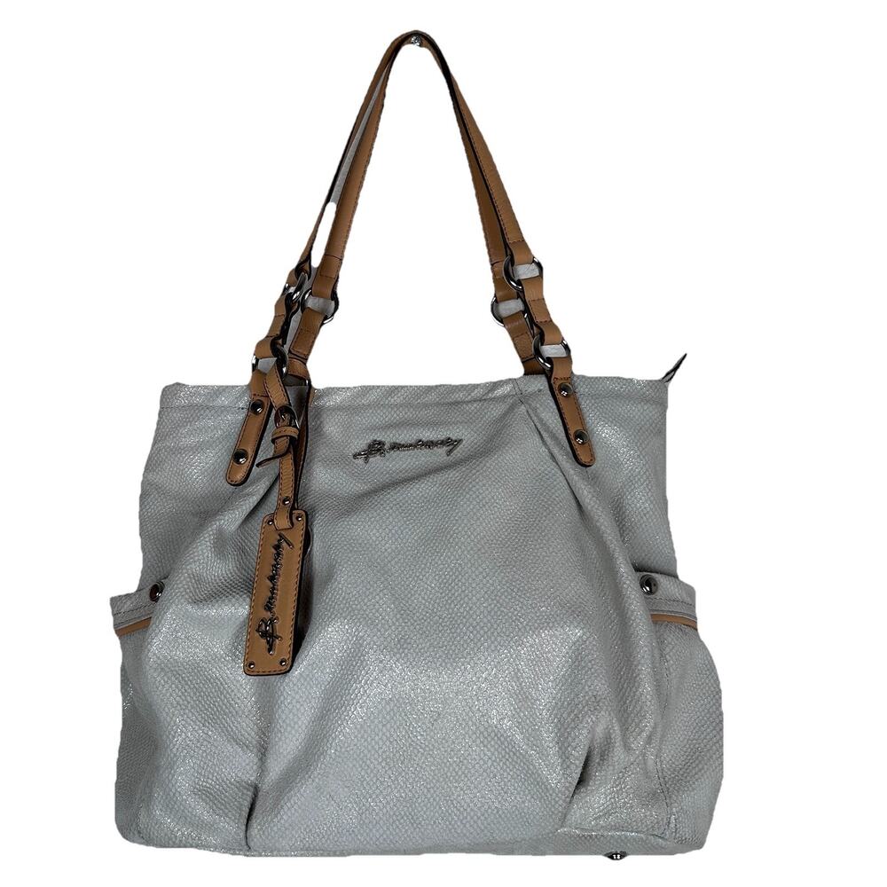 B. MAKOWSKI Ivory/tan Shimmer 100% Leather Logo Women Handbag Purse Shoulder Bag